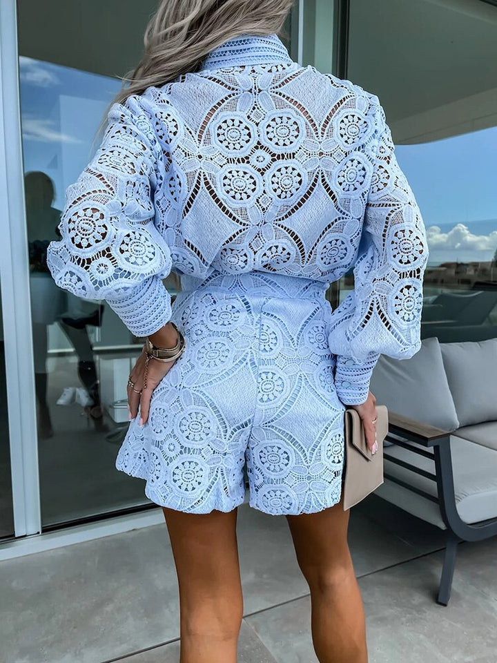 Fashionable two-piece set for women: elegant lace top and high-waist shorts.