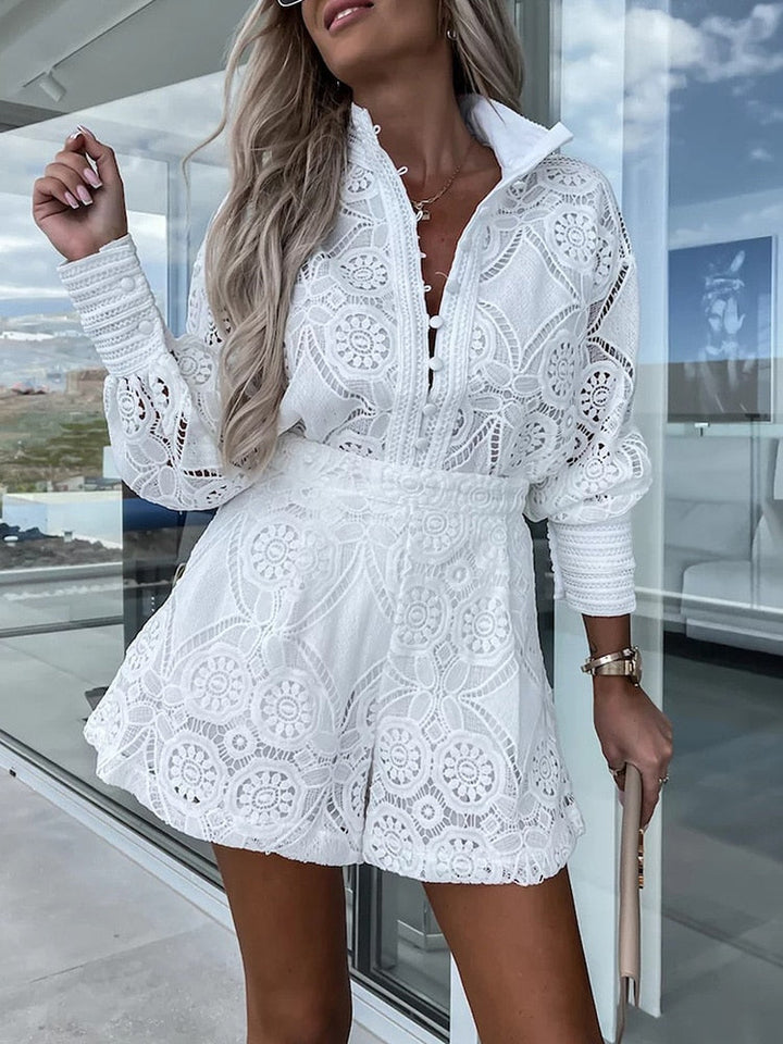 Summer outfit: women's lace blouse and shorts two-piece set for holiday wear.
