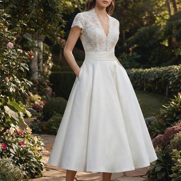 Elegant women's lace bodice midi wedding dress, perfect for a garden or vintage bridal gown.