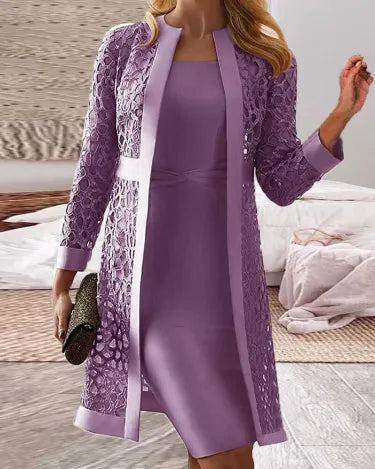 Elegant women's lace cardigan and dress set for evening wear
