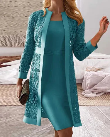 Two-piece women's fashion set featuring a delicate lace dress and matching cardigan