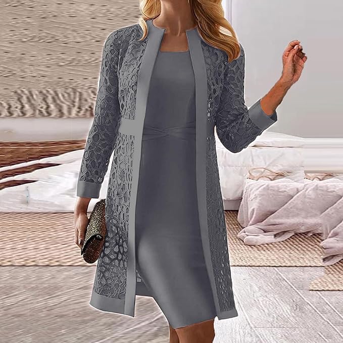 Versatile women's elegant lace dress with coordinating cardigan, chic fashion