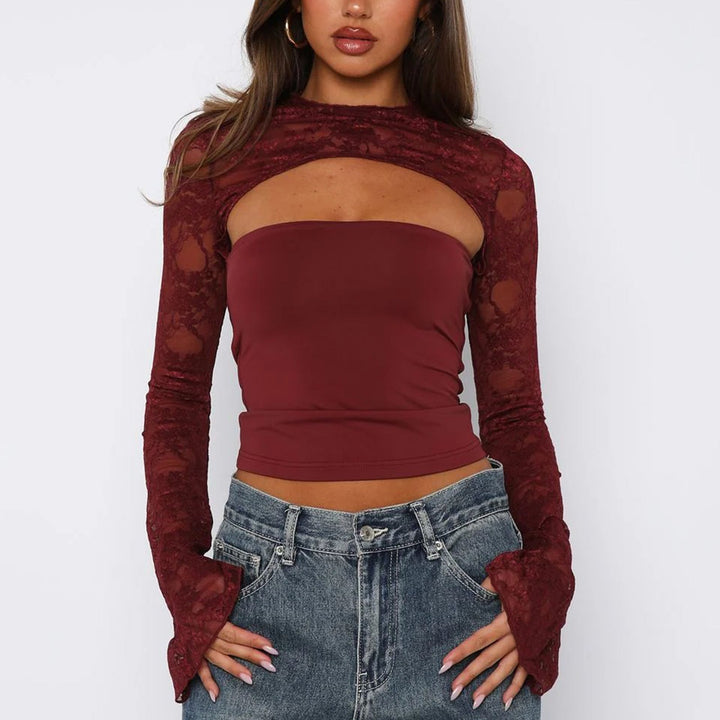 Women's evening top: elegant long sleeve lace blouse with subtle cut-outs, a sophisticated fit.