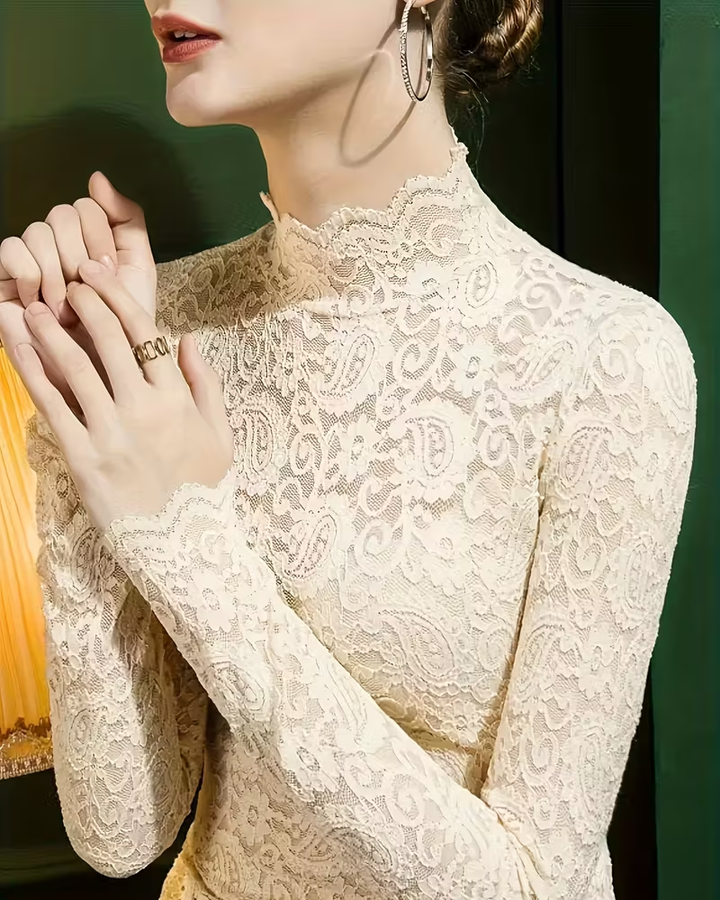 Elegant women's lace half-neck long sleeve top. Stylish solid color, perfect for everyday chic or layered looks.