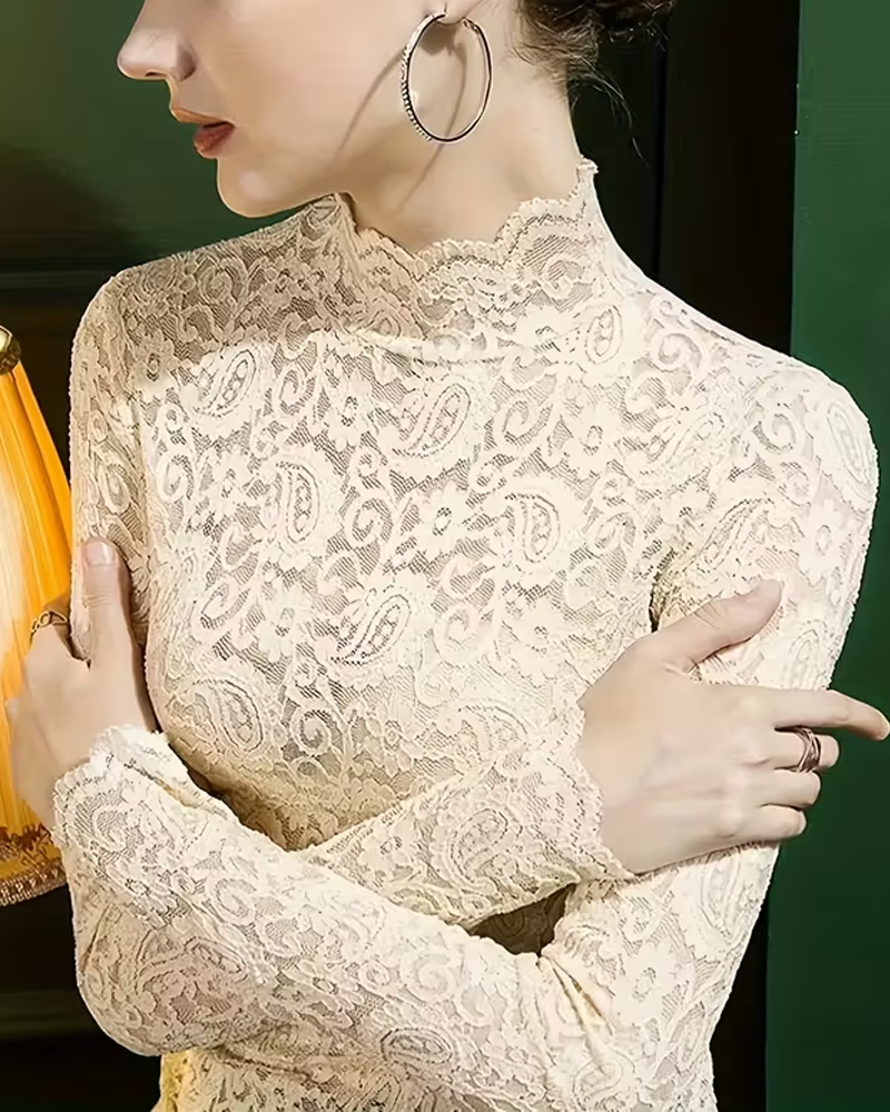 Women's fashion half-neck top with delicate lace long sleeves. Versatile and semi-transparent for an elegant look.