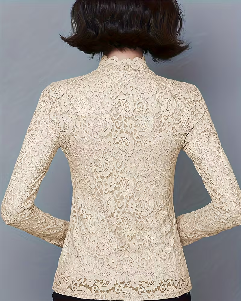 Elegant women's solid color lace long sleeve top. Features a fashionable half-neck and stand collar for a stylish look.