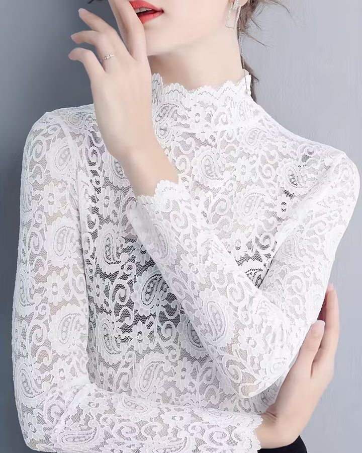 Stylish women's solid color half-neck top with elegant lace long sleeves. A semi-transparent fashion piece for versatility.