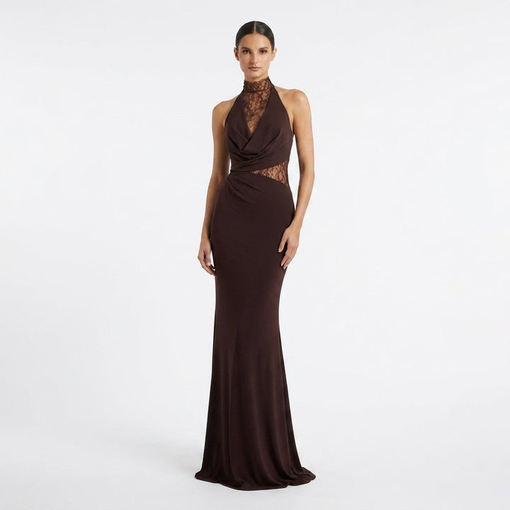 Chic bodycon halter maxi dress with delicate lace details for a sleek evening look.