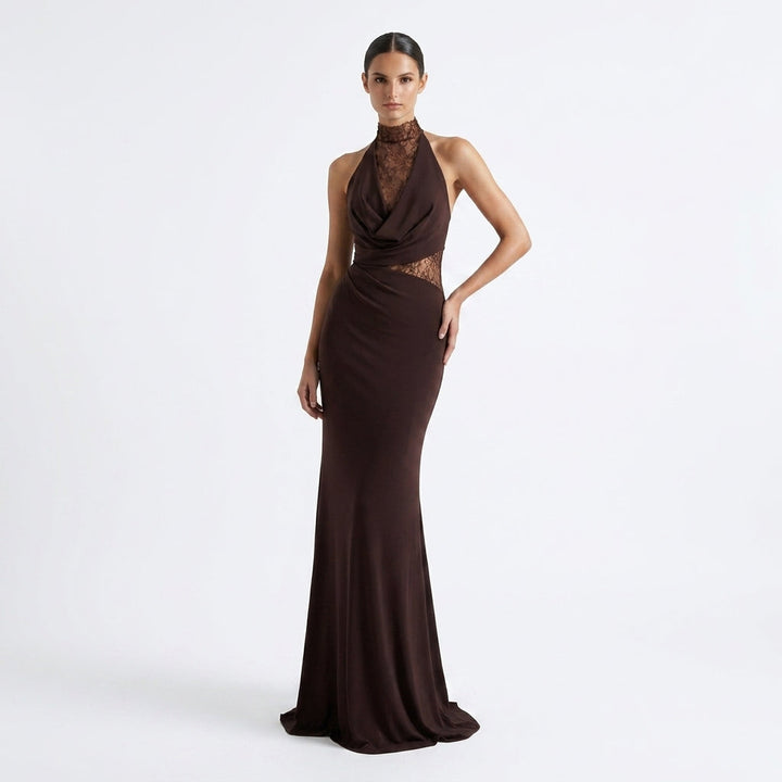 Stunning lace halter evening gown, ideal for galas, proms, or special occasions.