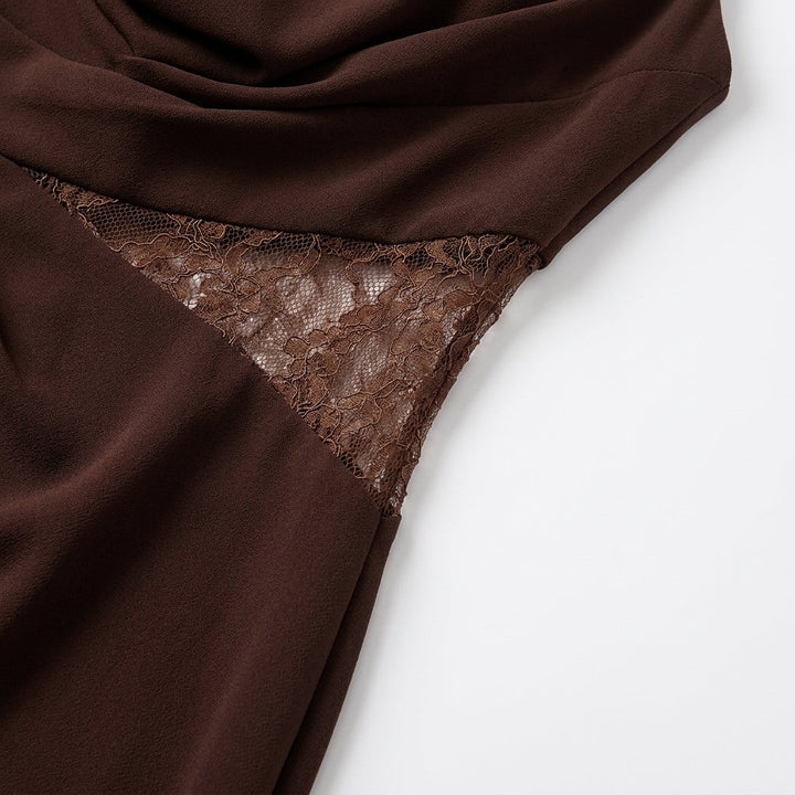 Graceful women's halter neck maxi dress with intricate lace for sophisticated formal wear.