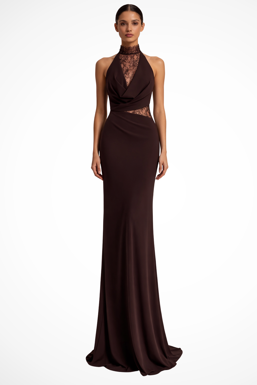 Long lace halter maxi dress, a refined and elegant bodycon design for any special event.