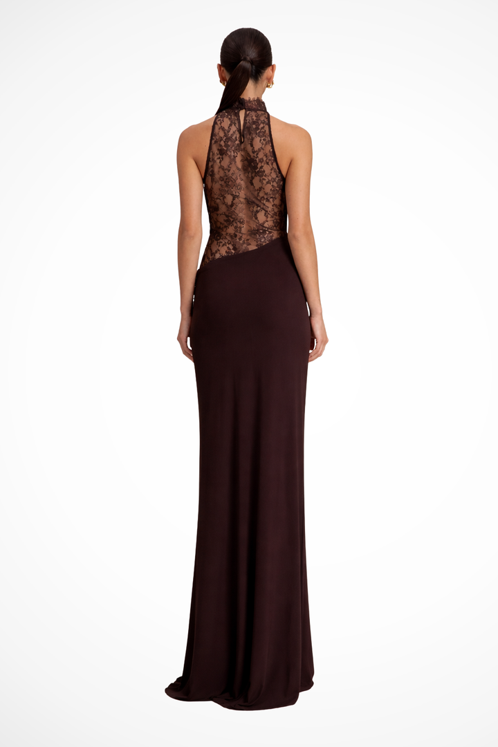 Exquisite formal halter dress with lace, embodying timeless elegance for unforgettable moments.