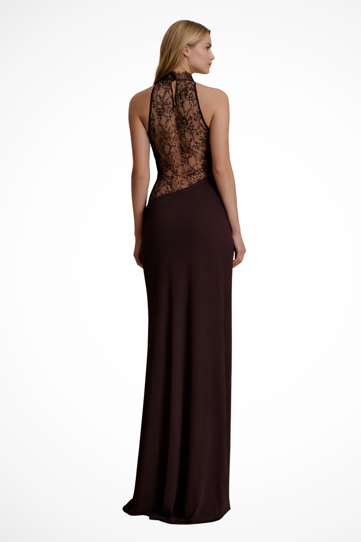Women's elegant lace halter neck maxi dress, perfect for upscale spring and summer events.