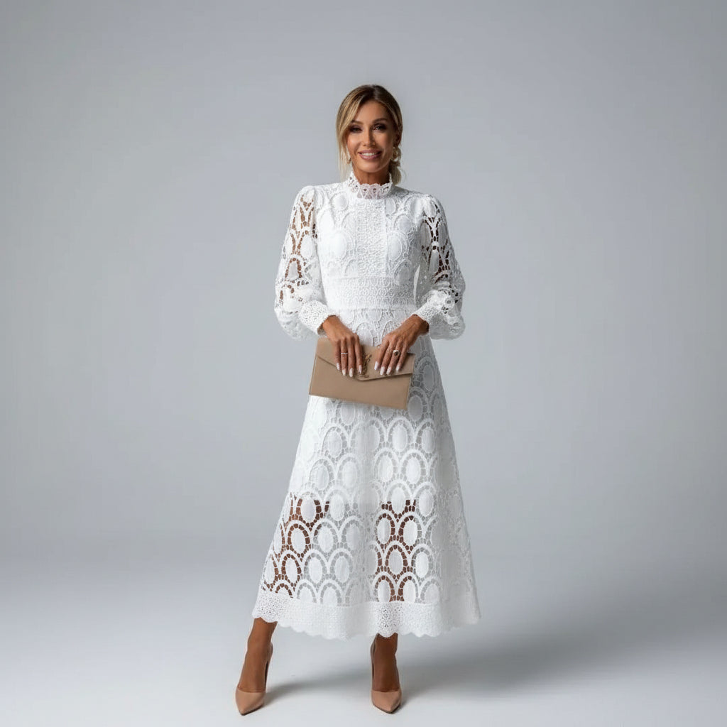 Elegant women's lace high neck long sleeve midi dress in white