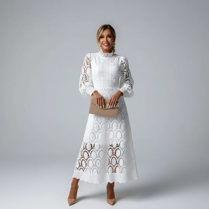 Elegant women's lace high neck long sleeve midi dress in white
