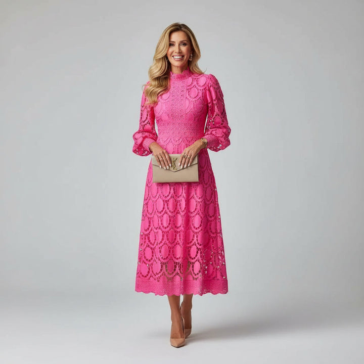 Formal navy blue lace midi dress with long sleeves for wedding guests