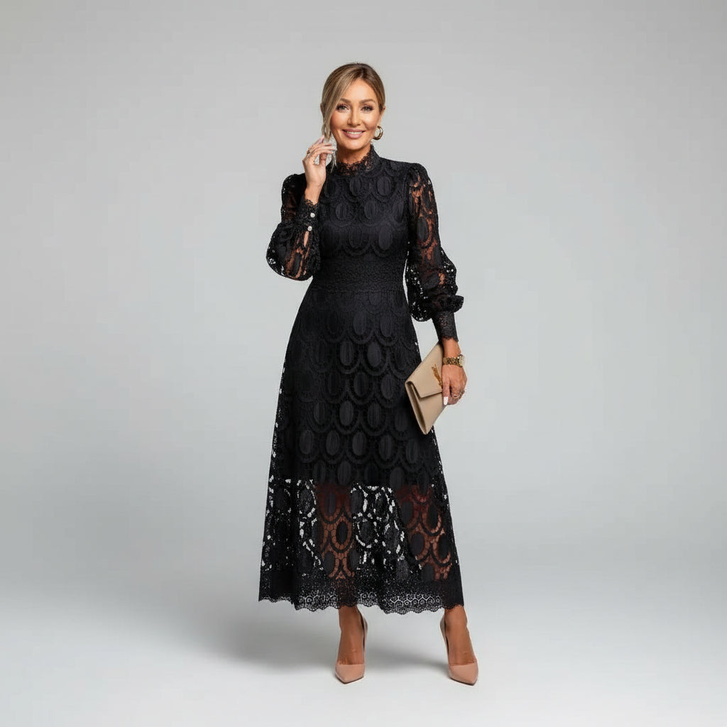 Chic women's evening party dress featuring a high neck and lace detail