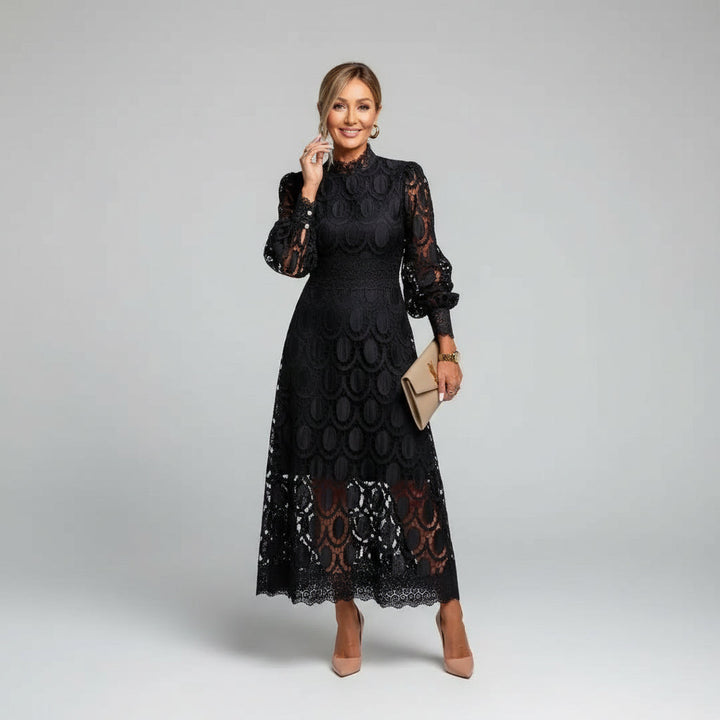 Chic women's evening party dress featuring a high neck and lace detail