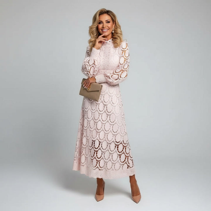 Sophisticated long sleeve lace midi dress, perfect for formal events