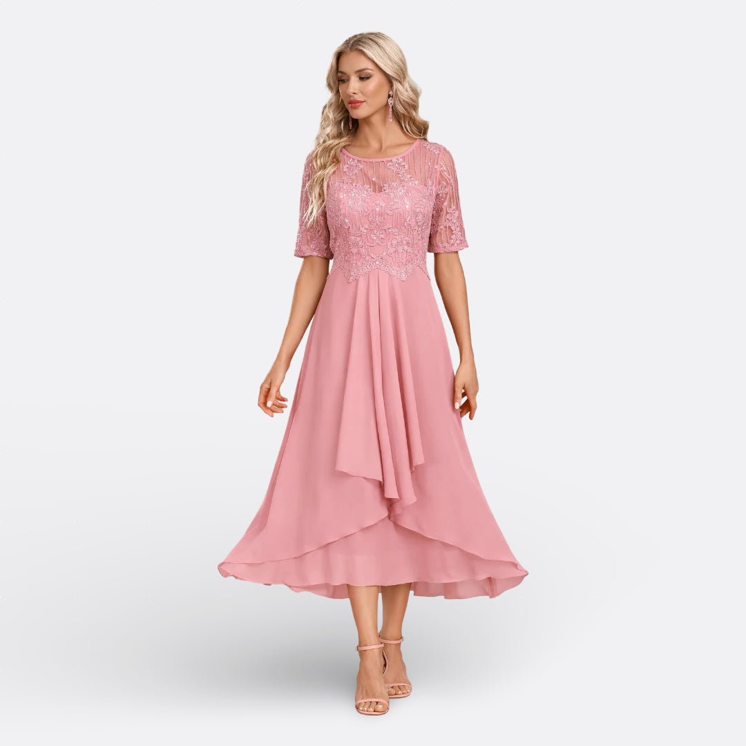 Beautiful women's elegant lace midi dress with delicate details, perfect for evening events.