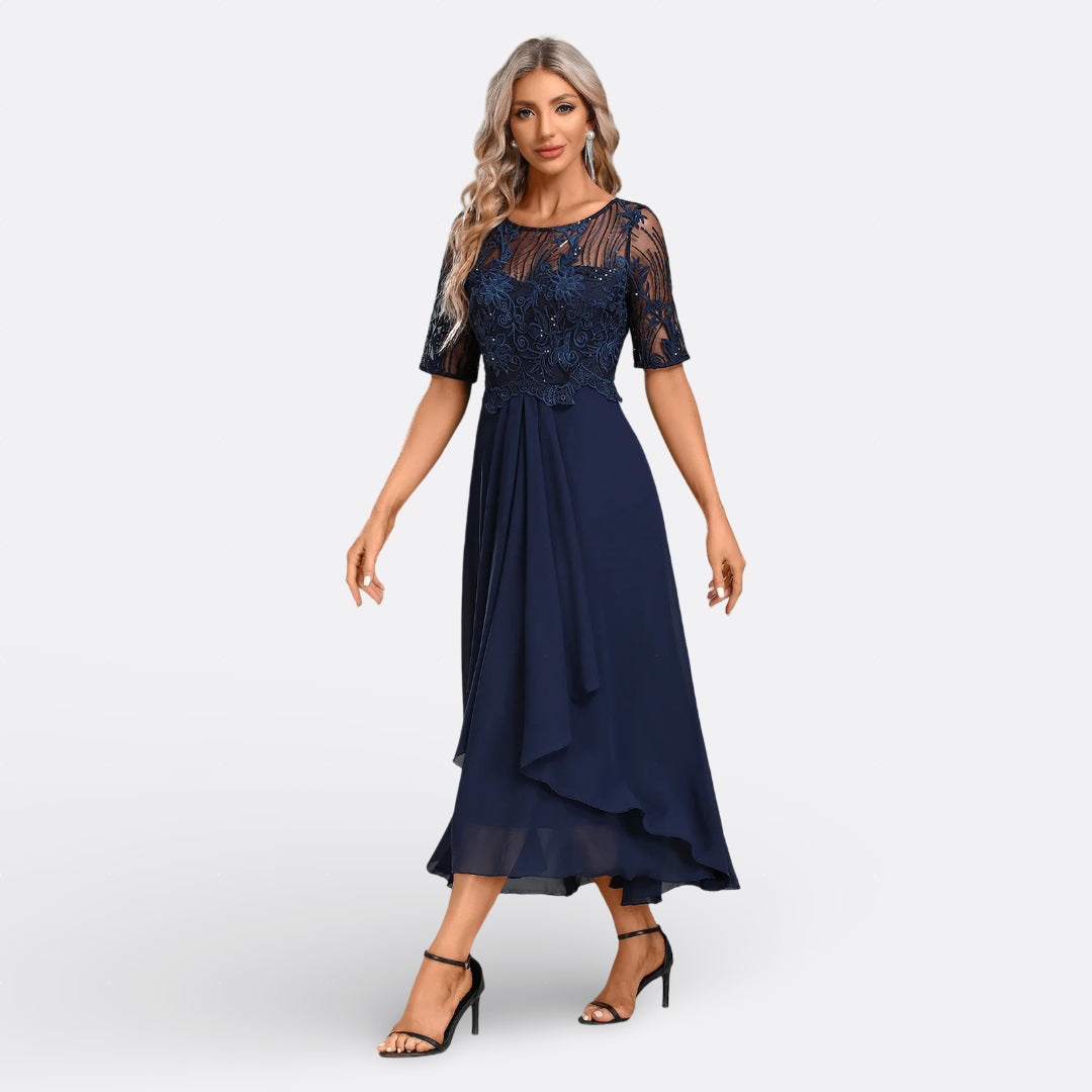 Chic women's fashion lace midi dress for formal events, parties, & evening wear. Stylish & elegant.