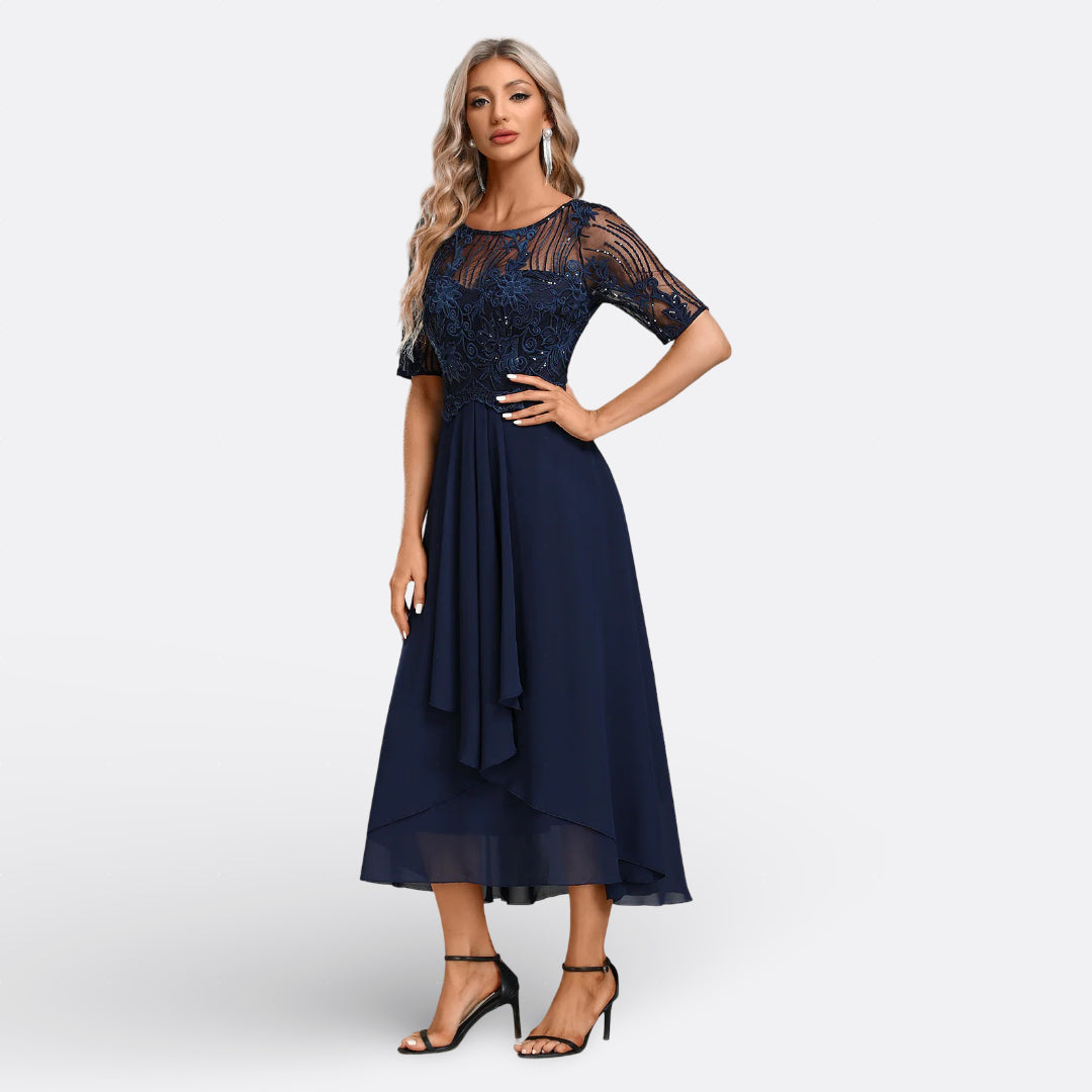 Formal short sleeve lace midi dress with a beautiful layered hem for women's special occasions.