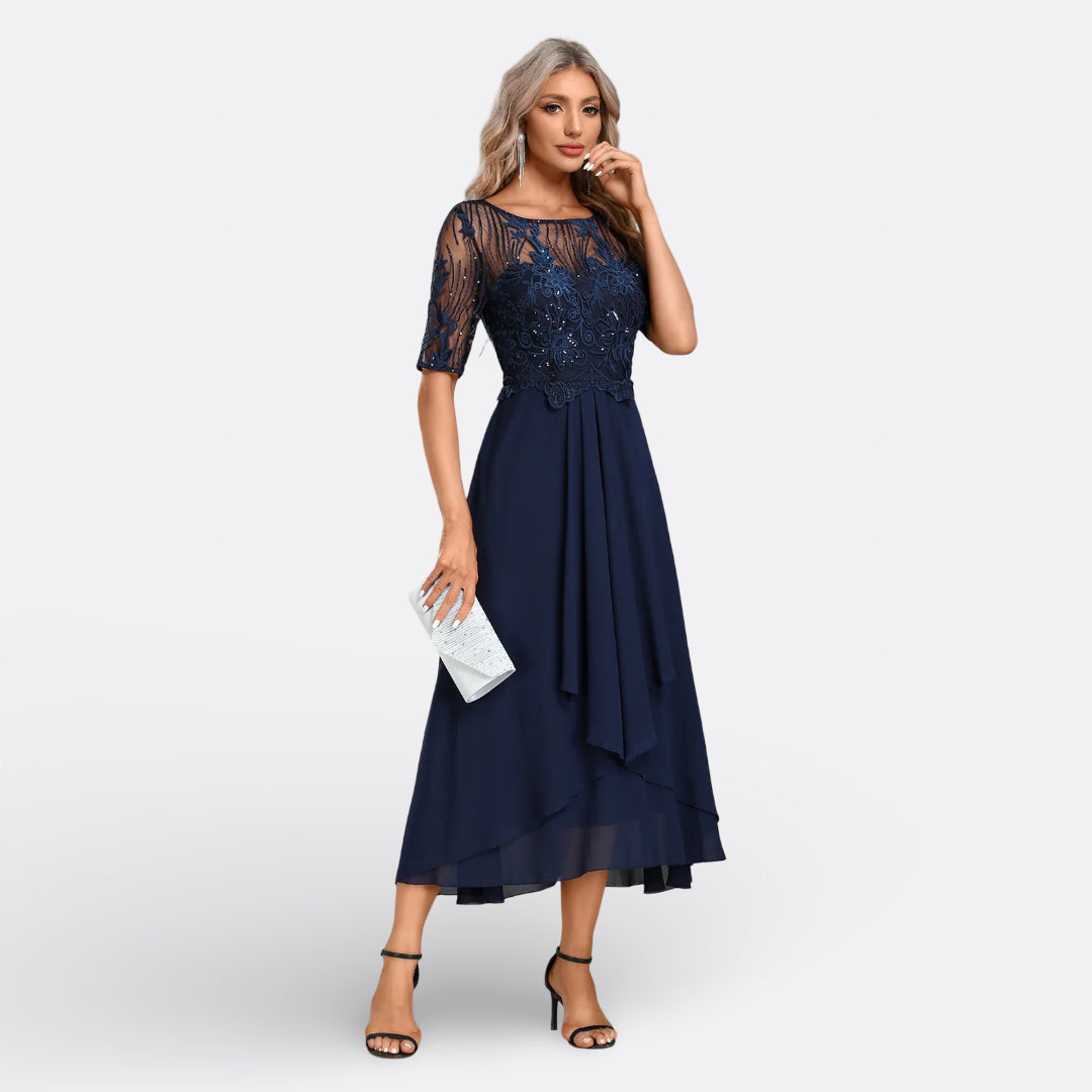Stunning elegant lace midi dress for parties. Perfect women's fashion with optional sequin details.