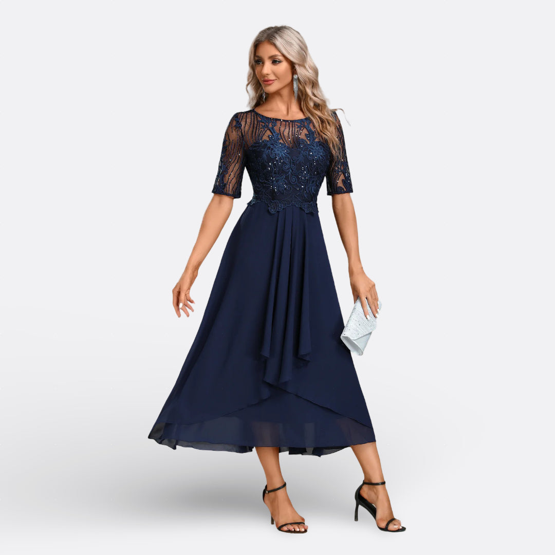 Sophisticated evening wear lace midi dress for women, featuring a classic design & flattering fit.