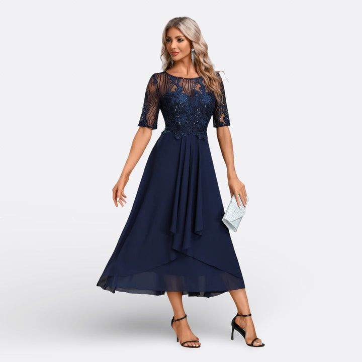 Sophisticated evening wear lace midi dress for women, featuring a classic design & flattering fit.