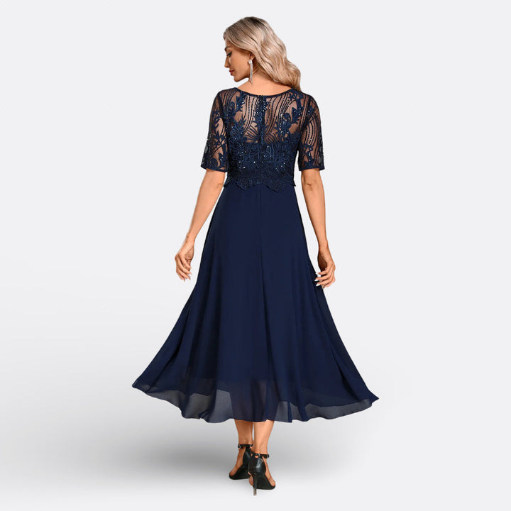 Women's elegant lace midi dress, ideal for formal gatherings, special occasions, and evening parties.