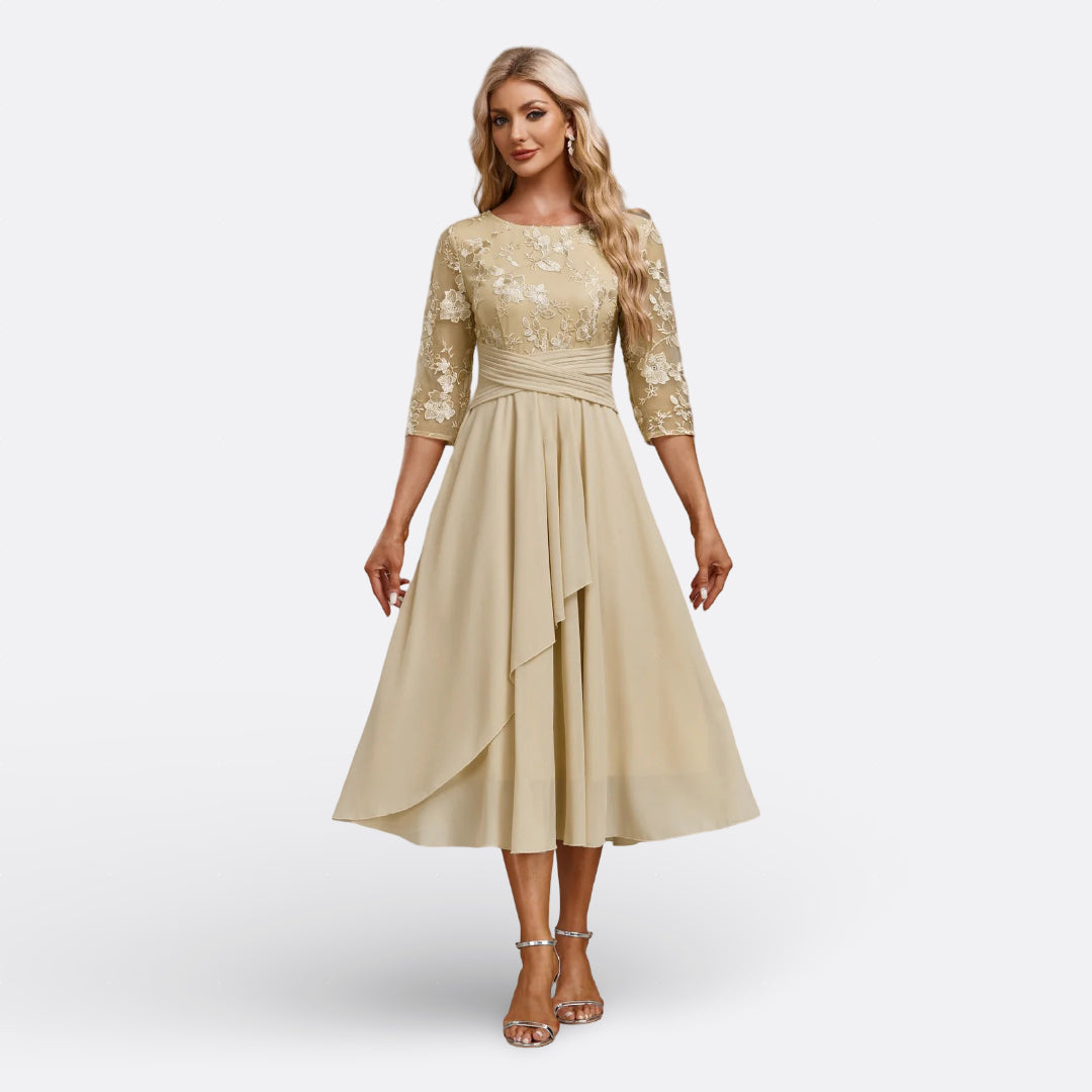 Stylish short sleeve lace midi dress for women, designed with a lovely layered hem & intricate fabric.