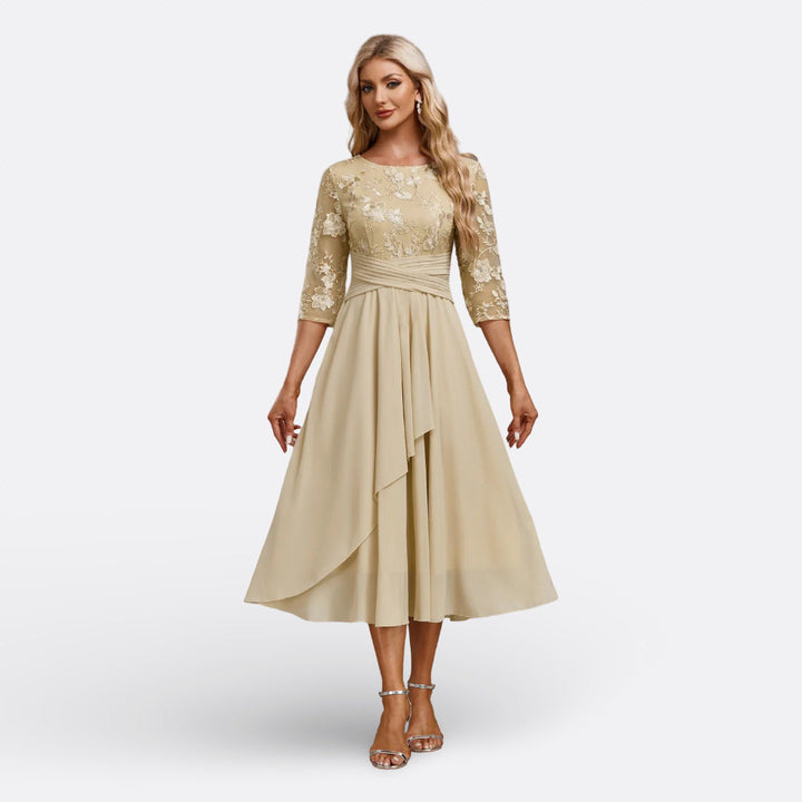 Stylish short sleeve lace midi dress for women, designed with a lovely layered hem & intricate fabric.