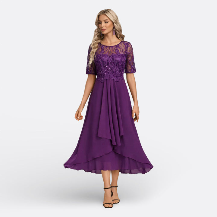 Shimmering lace & sequin midi dress, an elegant choice for women's party & evening wear fashion.