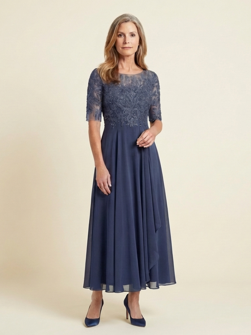 Elegant women's lace midi dress with three-quarter sleeves, perfect for formal and evening events.
