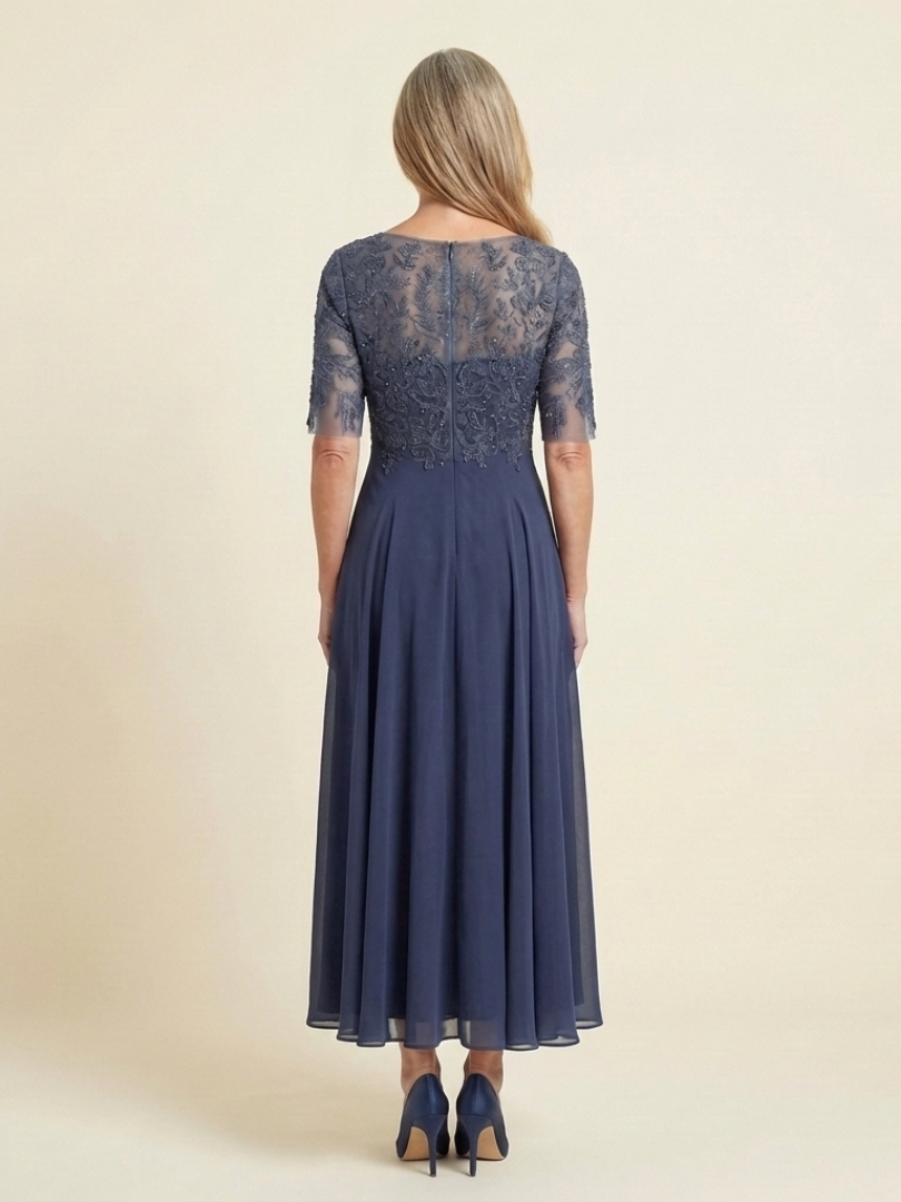 Chic women's lace midi cocktail dress with 3/4 sleeves, ideal for parties & special occasions.