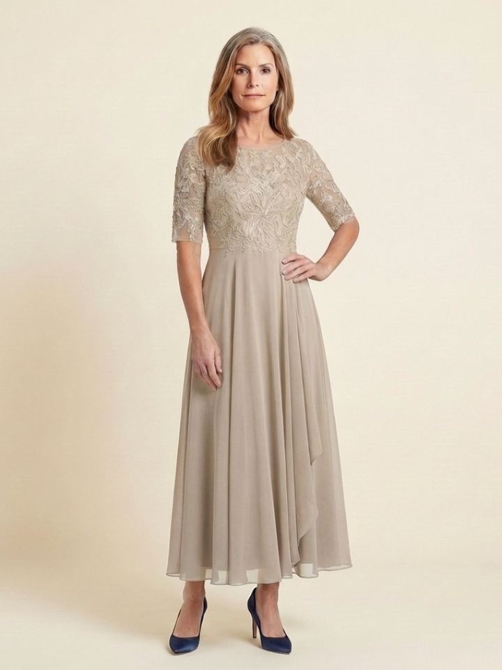Sophisticated women's formal lace midi dress featuring elegant three-quarter sleeves.