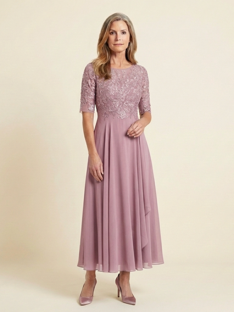Women's versatile lace midi dress with three-quarter sleeves, suitable for formal wear.