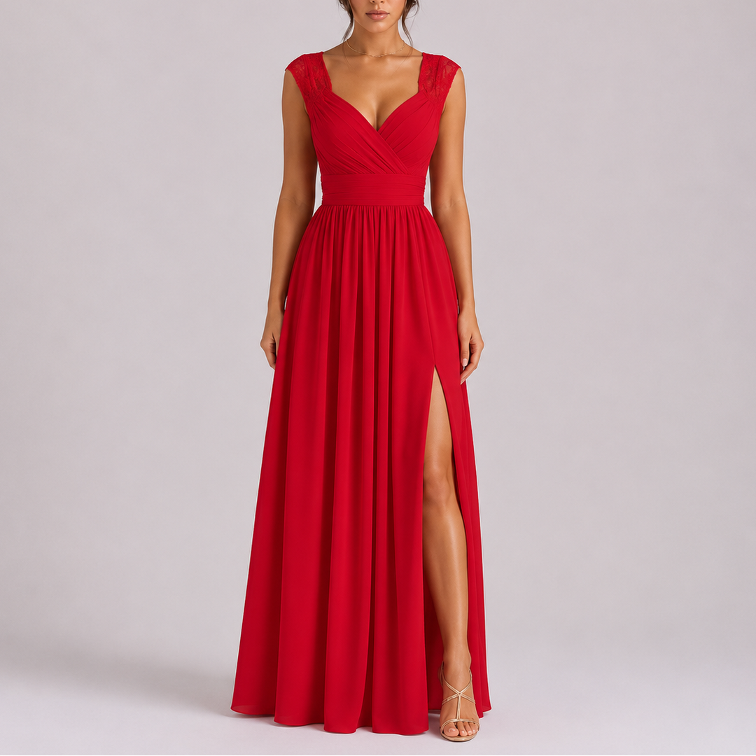 Elegant women's lace shoulder maxi dress with a stylish side slit, ideal for evening wear.