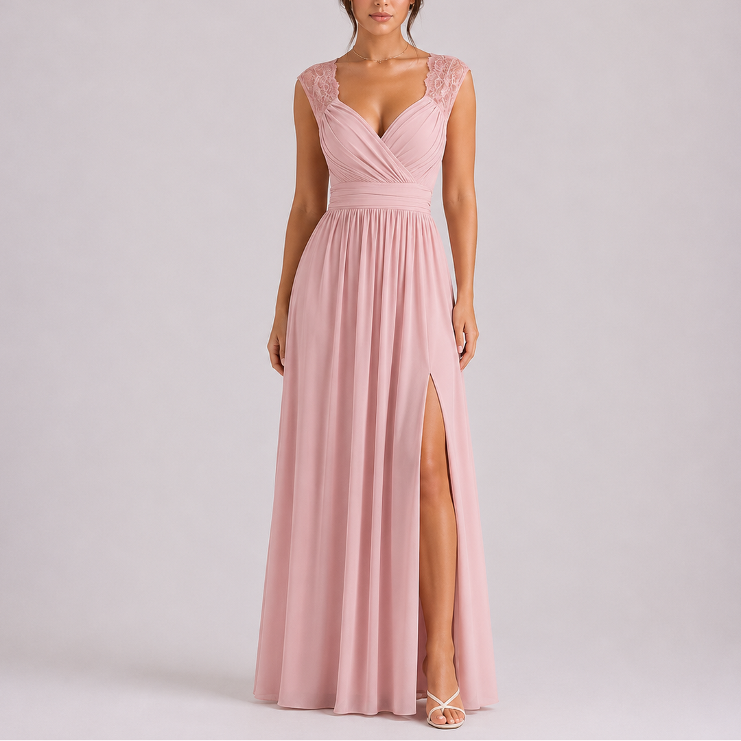 Long formal women's party dress featuring delicate lace shoulders and a chic side slit.