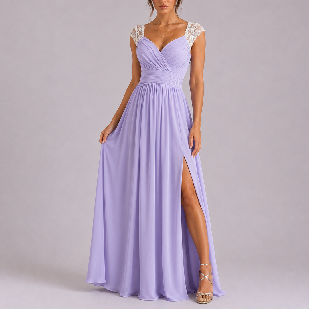 Gorgeous women's evening gown: elegant lace detail, flattering silhouette, and a high side slit.