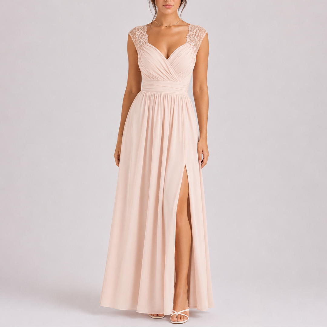 Fashionable women's maxi dress with intricate lace shoulders and a sexy side slit for special occasions.