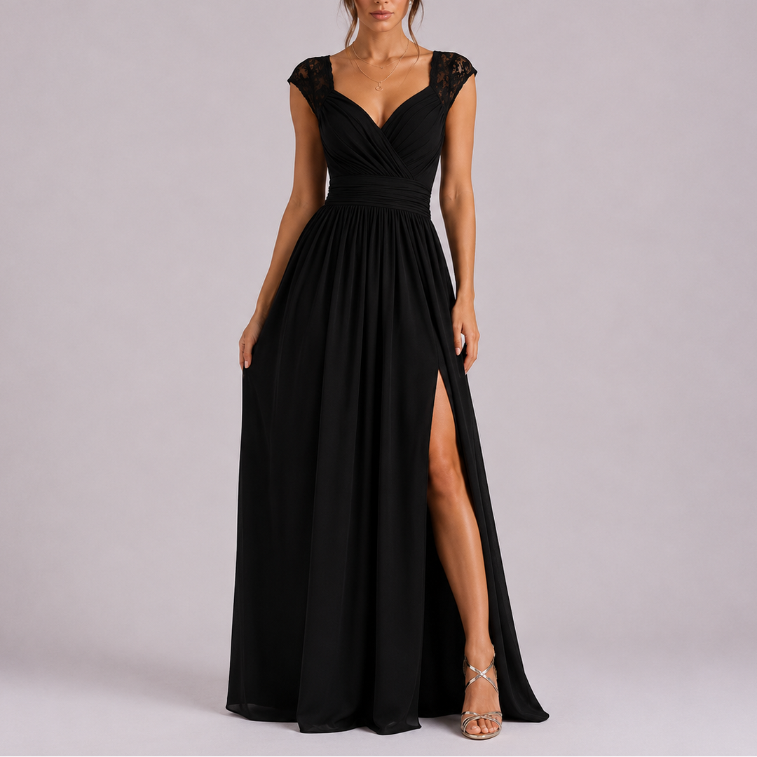 Classy women's long dress for formal events, showcasing lace shoulders and a graceful side slit.
