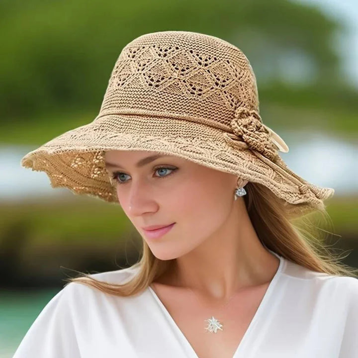 Women's stylish wide brim lace sun hat for summer fashion, beach trips, and outdoor wear. UV protection headwear.