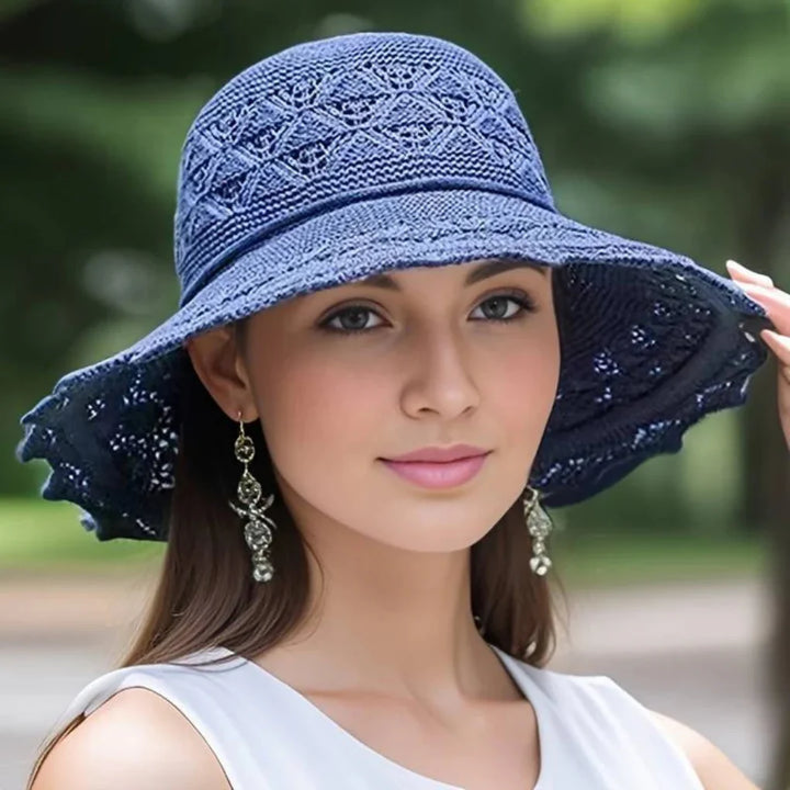 Casual & elegant women's lace sun hat. Wide brim summer hat for fashion, travel, and UV protection.