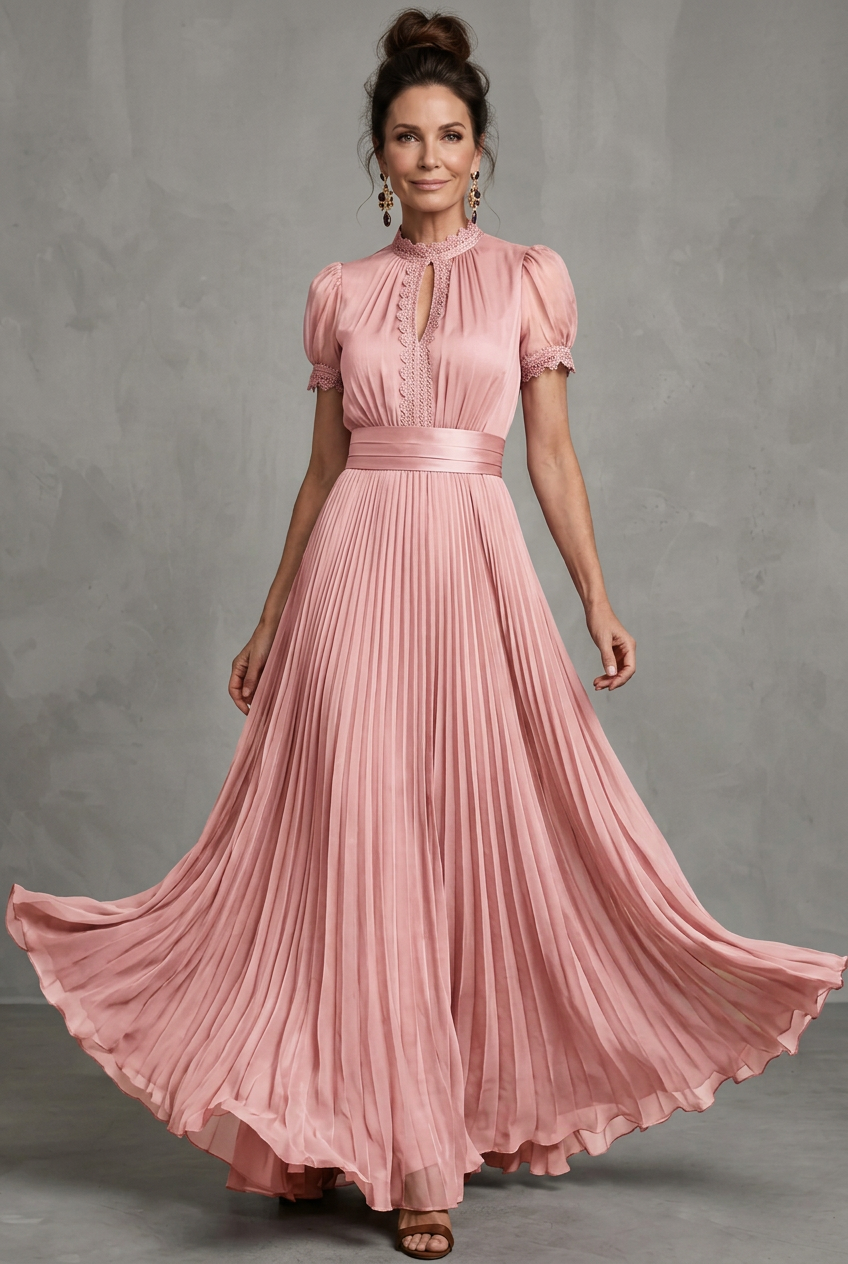 Elegant women's lace-trim pleated maxi dress with puff sleeves, perfect for special occasions & formal events.