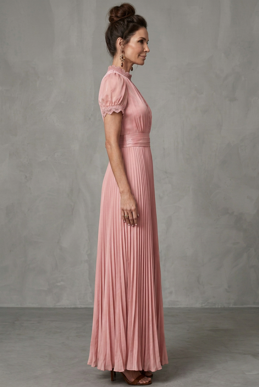 Feminine A-line maxi dress for women, featuring delicate lace trim, pleats, & high neckline. Wedding guest attire.