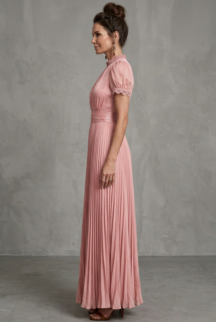 Formal women's evening gown: a pleated maxi dress with elegant lace trim & puff sleeves for special events.