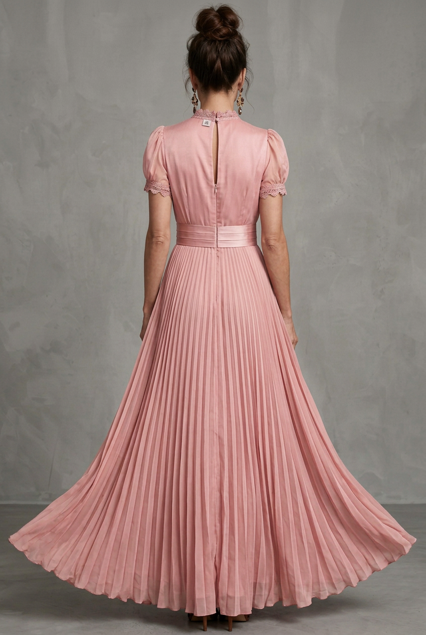Close-up of a women's pleated maxi dress, showcasing intricate lace trim detail & elegant high neckline.