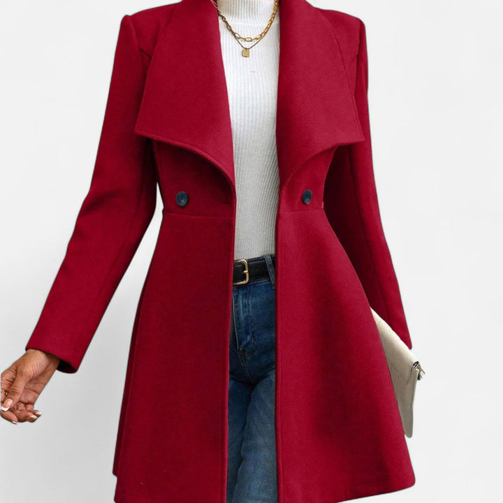 Elegant women's lapel wool winter coat in a classic tailored style.