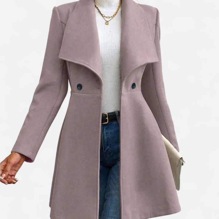 Cozy and elegant women's lapel winter coat made from a warm wool blend.